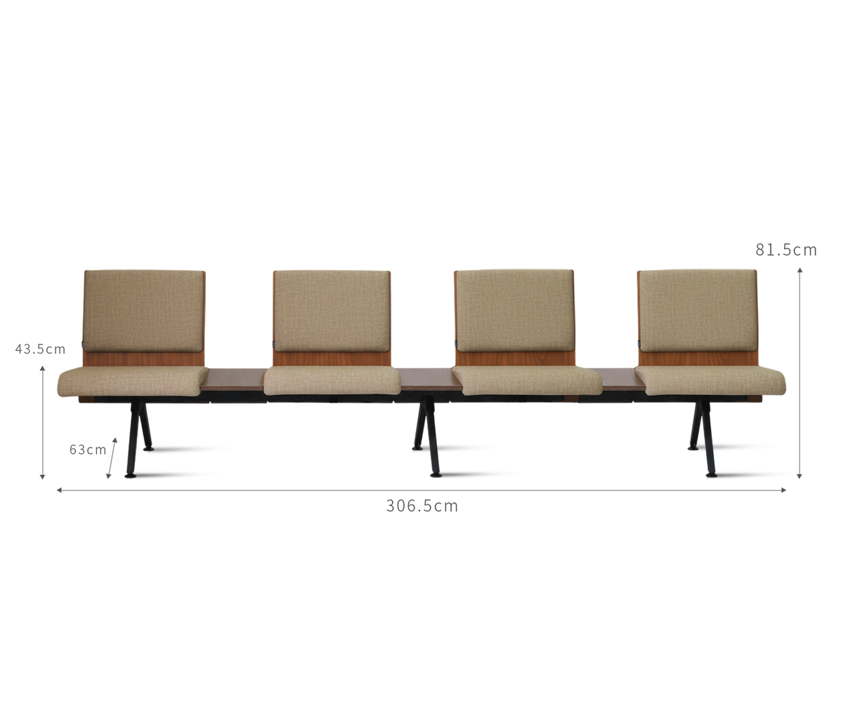 PROVOUR K Bench 四人座等候椅,日系設計,排椅,舒適高質感,具備曲木背板、仿布紋PVC皮革座墊與粉體塗裝鐵製椅腳,間隔木質HPL桌板劃分個人空間,附長寬高的規格圖。