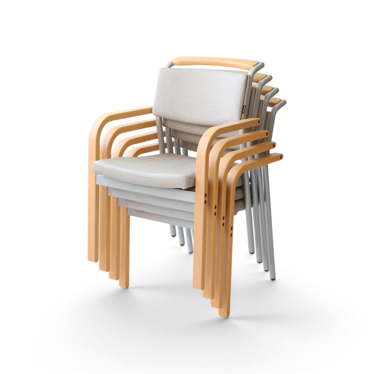 PROVOUR M Chair-01 淺灰色曲木扶手堆疊椅,適合醫療空間使用,具備實木扶手與粉體塗裝椅腳。