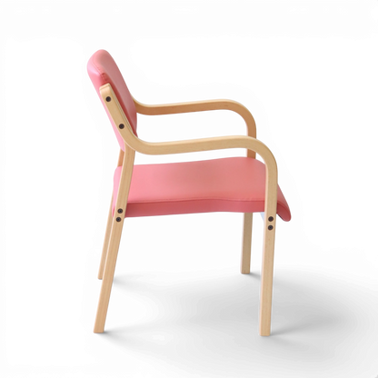 PROVOUR 台日設計家具 M Chair-02 粉色曲木扶手椅，採用舒適泡綿座墊與可堆疊設計，適合商務接待空間。