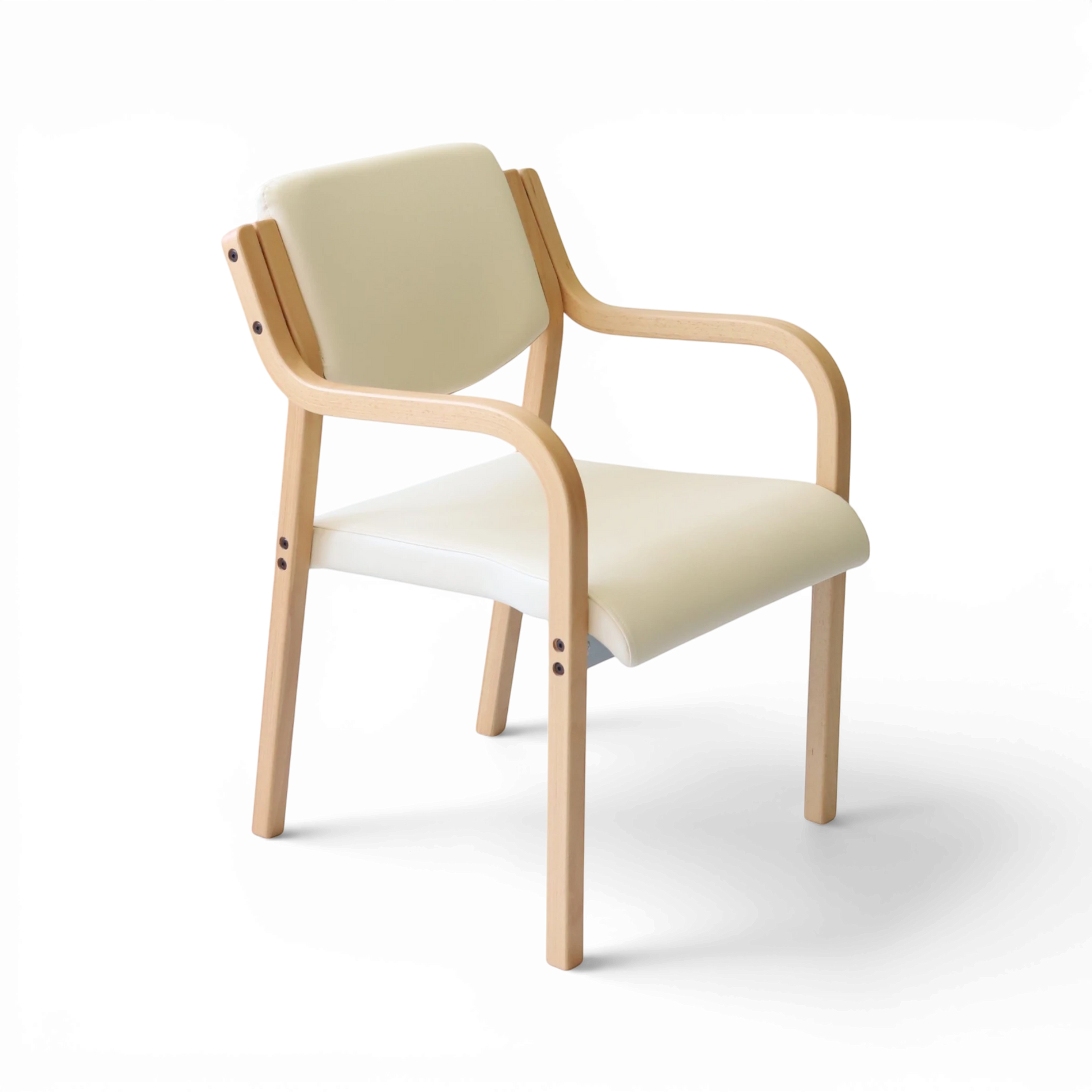 PROVOUR 台日設計家具｜木質辦公桌辦公椅 M Chair-02 米白色 PVC 曲木扶手餐椅，具備可堆疊設計，適合商務接待空間。