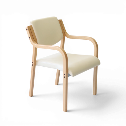 PROVOUR 台日設計家具｜木質辦公桌辦公椅 M Chair-02 米白色 PVC 曲木扶手餐椅，具備可堆疊設計，適合商務接待空間。