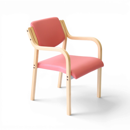 PROVOUR 台日設計家具｜木質辦公桌辦公椅 M Chair-02 粉色曲木扶手餐椅，具備舒適泡綿座墊與可堆疊設計。