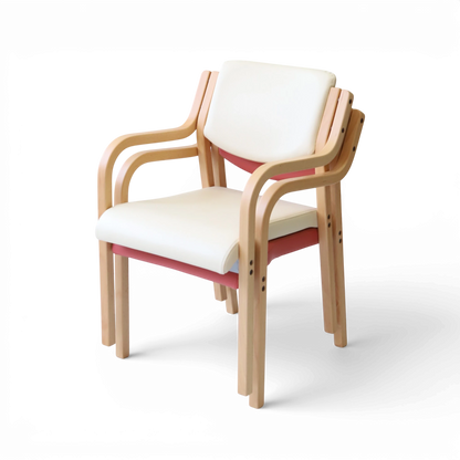 PROVOUR 台日設計家具｜木質辦公桌辦公椅 M Chair-02 米白色曲木扶手堆疊椅，具備舒適泡綿座墊與穩固木質椅腳，適合商務接待空間。