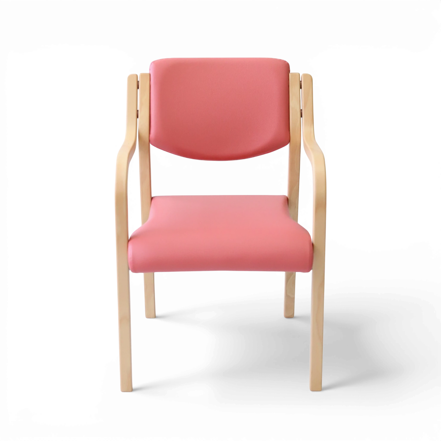 PROVOUR 台日設計家具 M Chair-02 粉色 PVC 曲木扶手椅，具備舒適泡綿座墊與可堆疊設計，適合商務接待空間。