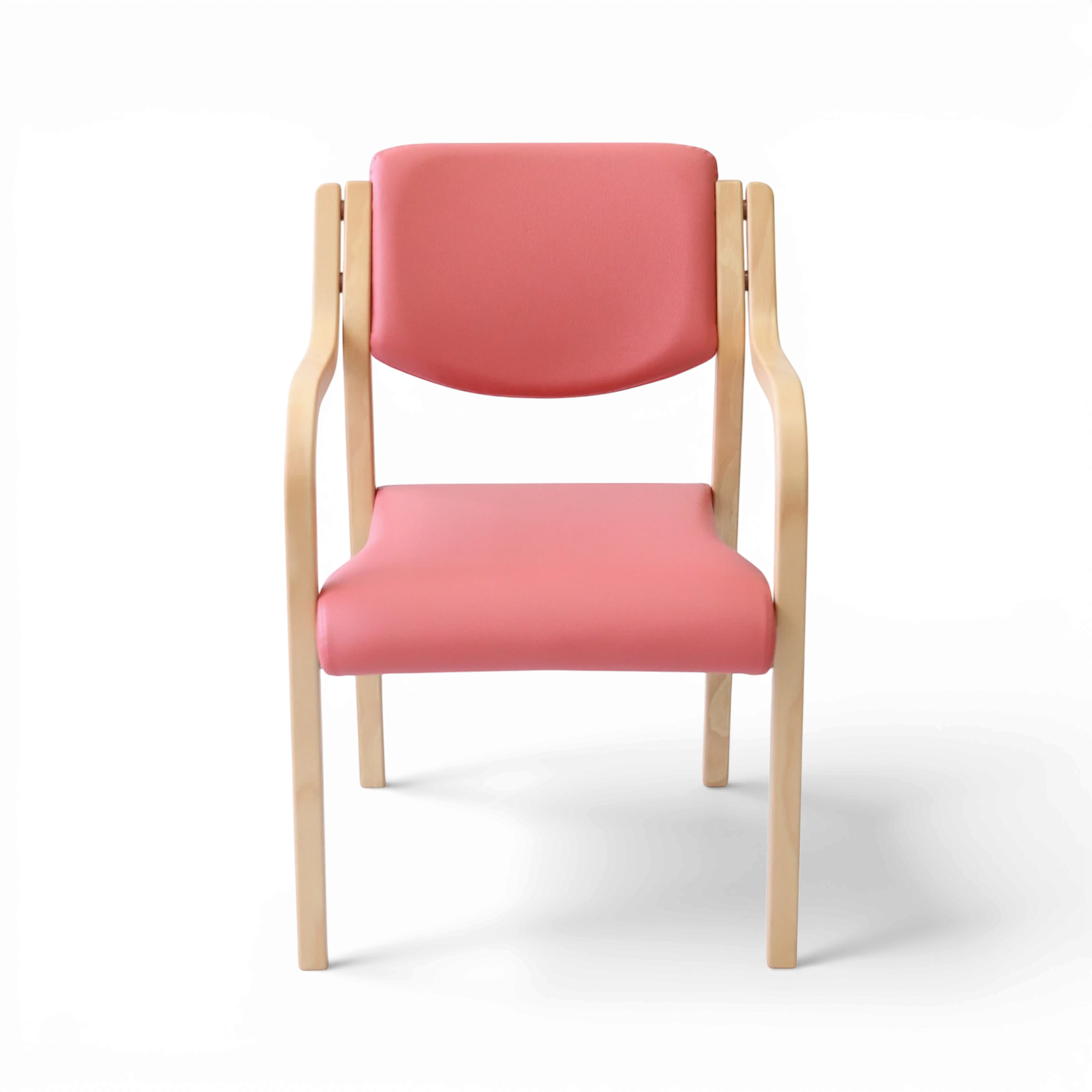 PROVOUR 台日設計家具 M Chair-02 粉色 PVC 曲木扶手椅，具備舒適泡綿座墊與可堆疊設計，適合商務接待空間。