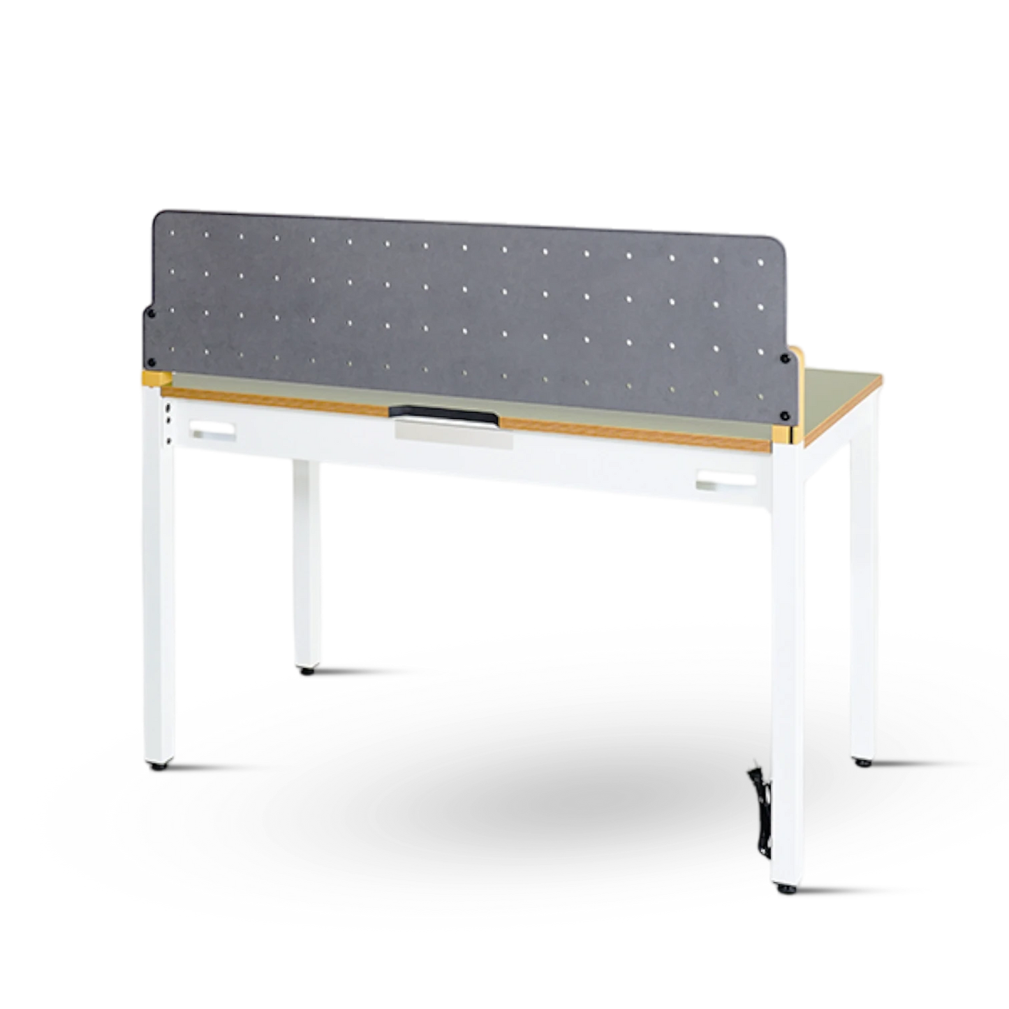 PROVOUR H Desk 60x120cm white metal frame desk with light wood laminate top and grey privacy screen. Features drawer and cable management.