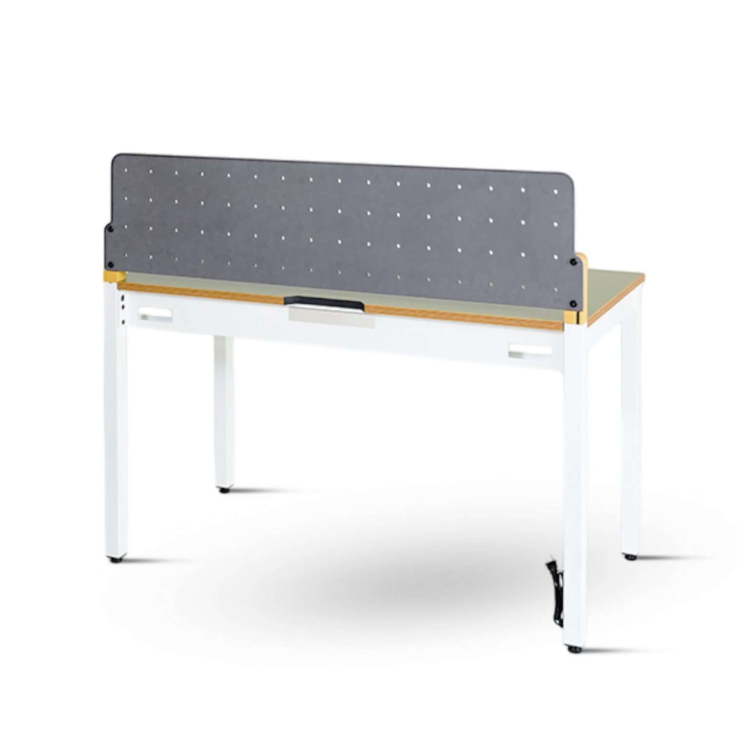 PROVOUR H Desk 60x120cm white metal frame desk with light wood laminate top and grey privacy screen. Features drawer and cable management.