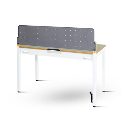PROVOUR H Desk 60x120cm white metal frame desk with light wood laminate top and grey privacy screen. Features drawer and cable management.