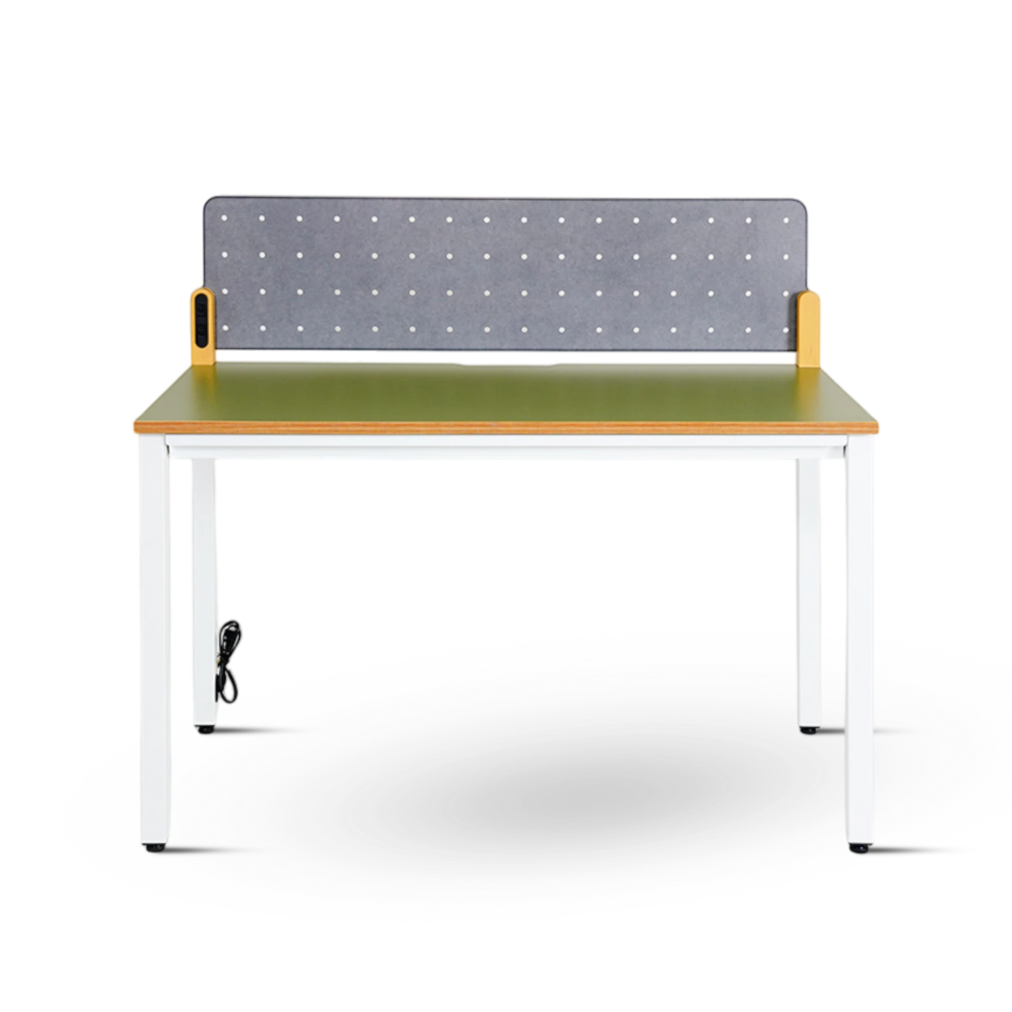 PROVOUR H Desk 60x120cm with green laminate top, white metal legs, and grey pegboard divider with yellow accents.