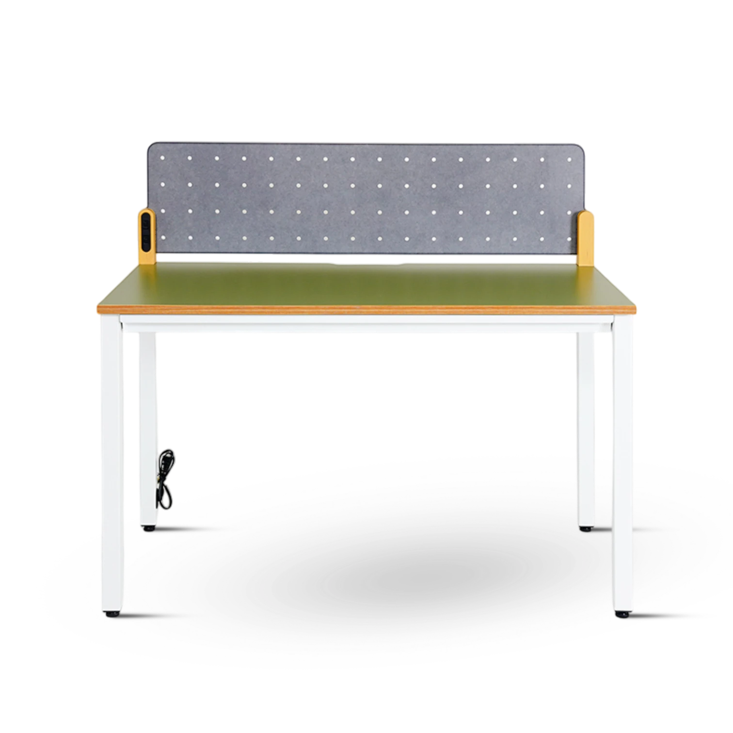 PROVOUR H Desk 60x120cm with green laminate top, white metal legs, and grey pegboard divider with yellow accents.