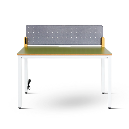 PROVOUR H Desk 60x120cm with green laminate top, white metal legs, and grey pegboard divider with yellow accents.
