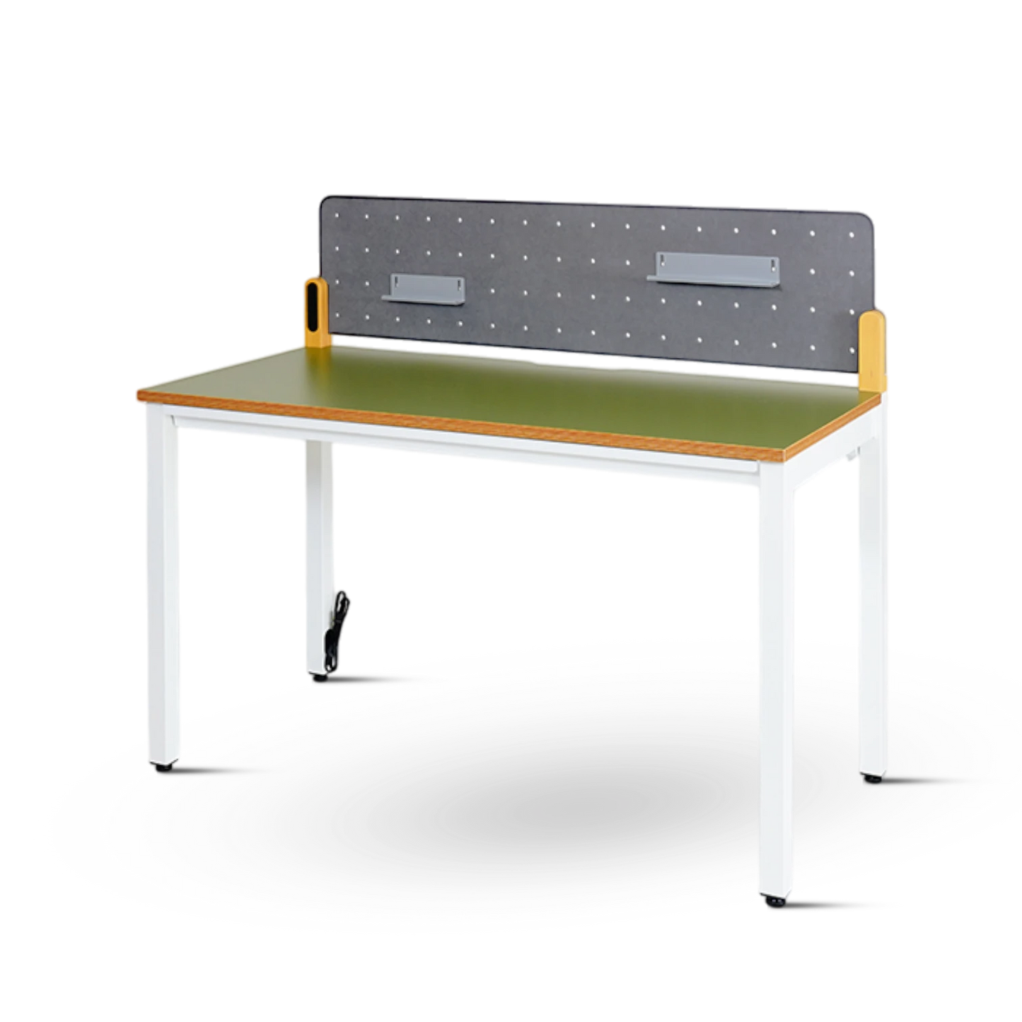 PROVOUR H Desk with green laminate top, white metal legs, and a pegboard back panel with storage accessories. Features a built-in drawer and cable management.