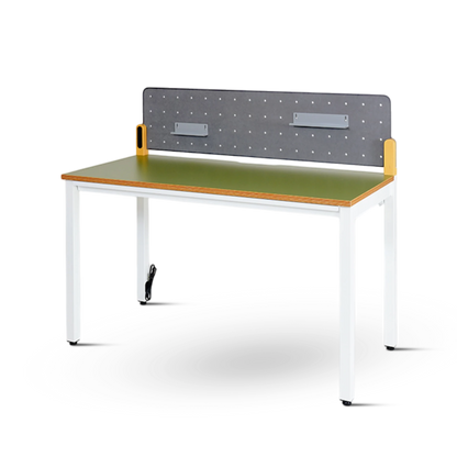PROVOUR H Desk with green laminate top, white metal legs, and a pegboard back panel with storage accessories. Features a built-in drawer and cable management.
