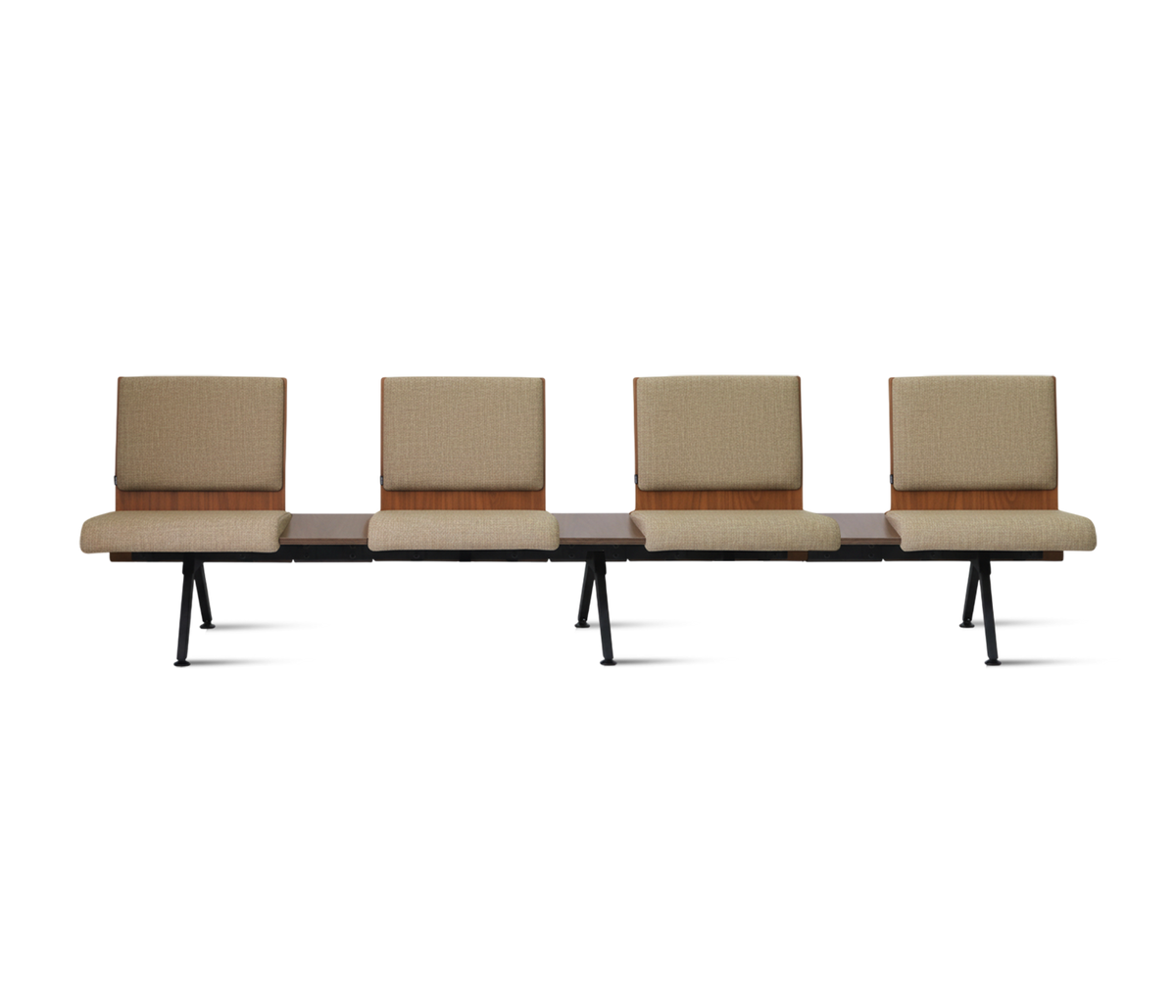 PROVOUR K Bench 四人座等候椅，日系設計，排椅，舒適高質感，具備曲木背板、仿布紋PVC皮革座墊與粉體塗裝鐵製椅腳，間隔木質HPL桌板劃分個人空間