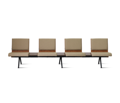 PROVOUR K Bench 四人座等候椅，日系設計，排椅，舒適高質感，具備曲木背板、仿布紋PVC皮革座墊與粉體塗裝鐵製椅腳，間隔木質HPL桌板劃分個人空間