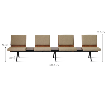 PROVOUR K Bench 四人座等候椅，日系設計，排椅，舒適高質感，具備曲木背板、仿布紋PVC皮革座墊與粉體塗裝鐵製椅腳，間隔木質HPL桌板劃分個人空間，附長寬高的規格圖。