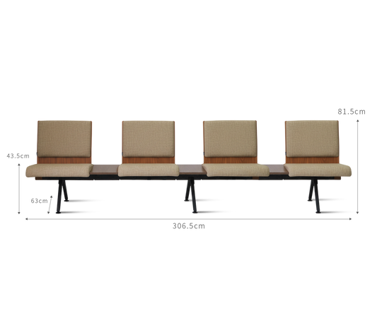 PROVOUR K Bench 四人座等候椅，日系設計，排椅，舒適高質感，具備曲木背板、仿布紋PVC皮革座墊與粉體塗裝鐵製椅腳，間隔木質HPL桌板劃分個人空間，附長寬高的規格圖。