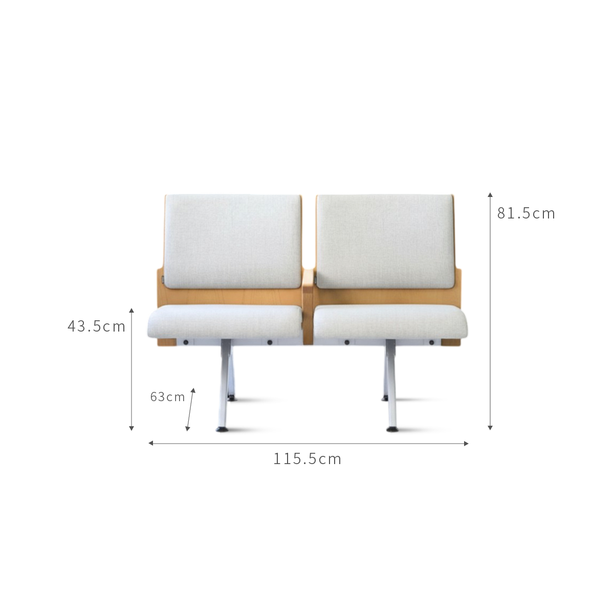 PROVOUR K Bench 二人座大廳等候椅，淺色曲木與仿布紋PVC皮革，搭配實木扶手與鐵製椅腳，附尺寸標示。