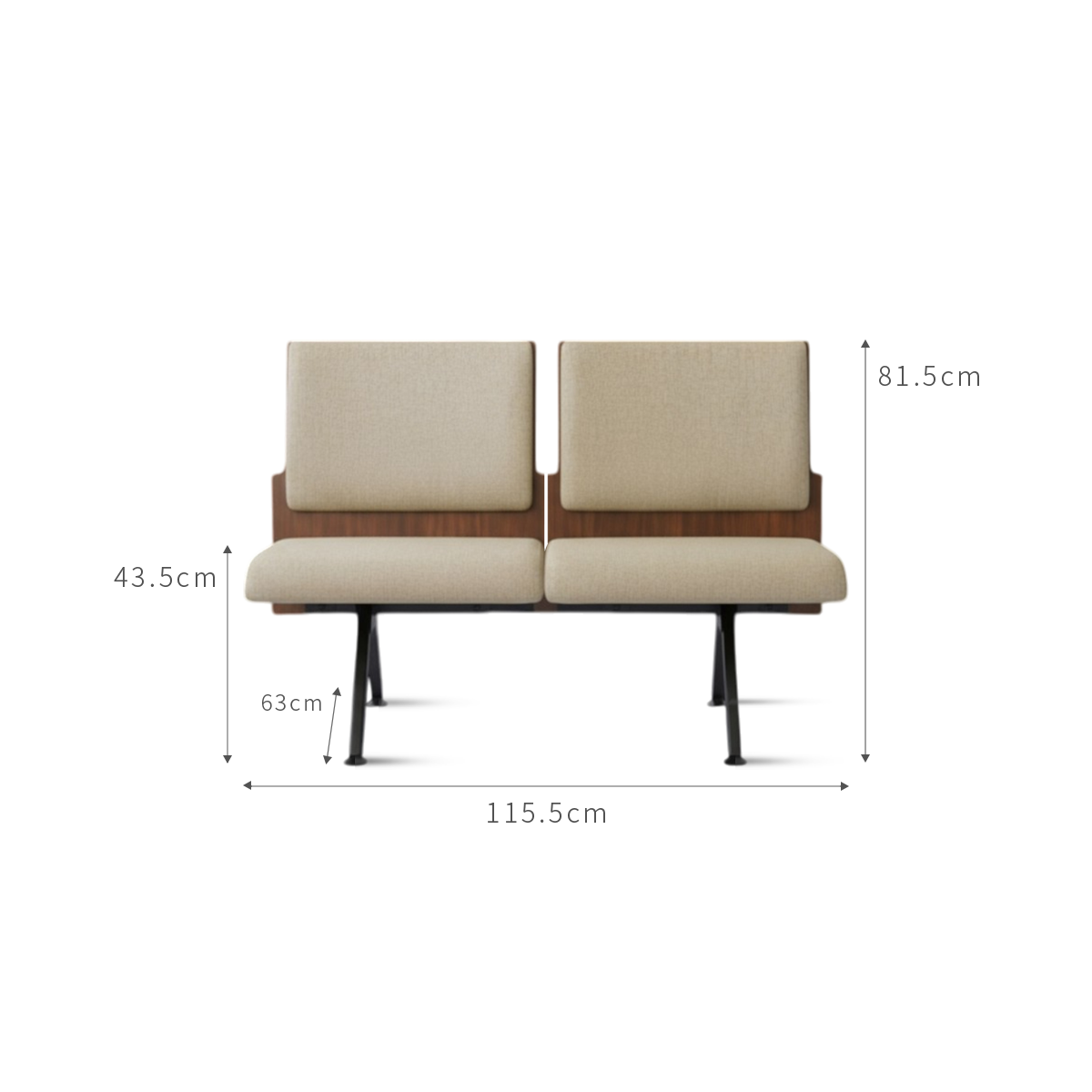 PROVOUR K Bench 二人座等候椅，具備天然木皮曲木背板與米色仿布紋PVC皮革座墊，搭配黑色鐵製椅腳。