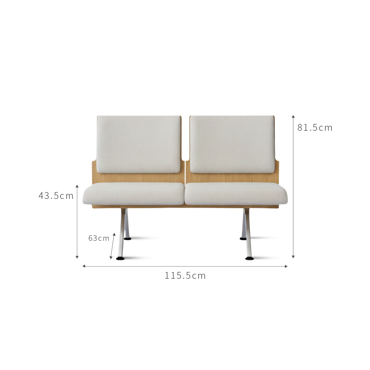 PROVOUR K Bench二人座等候椅，淺色曲木合板搭配仿布紋PVC皮革軟墊，具備穩固鐵製椅腳，適合商務大廳。