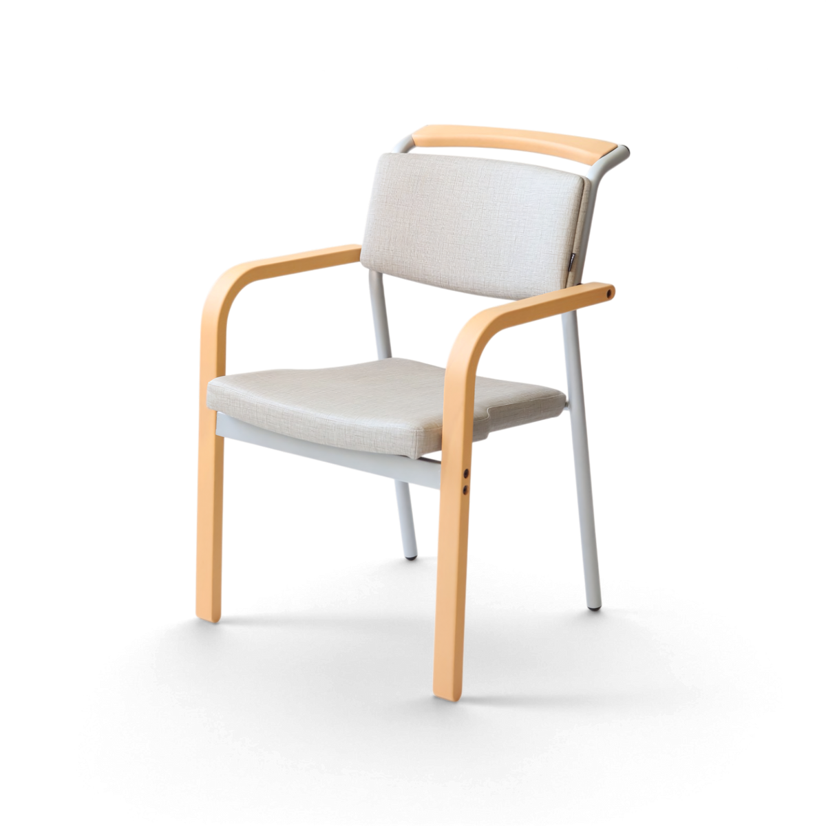 PROVOUR M Chair-01 淺灰色PVC軟墊扶手椅，具備實木扶手與金屬椅腳，適合醫療與長照空間使用。