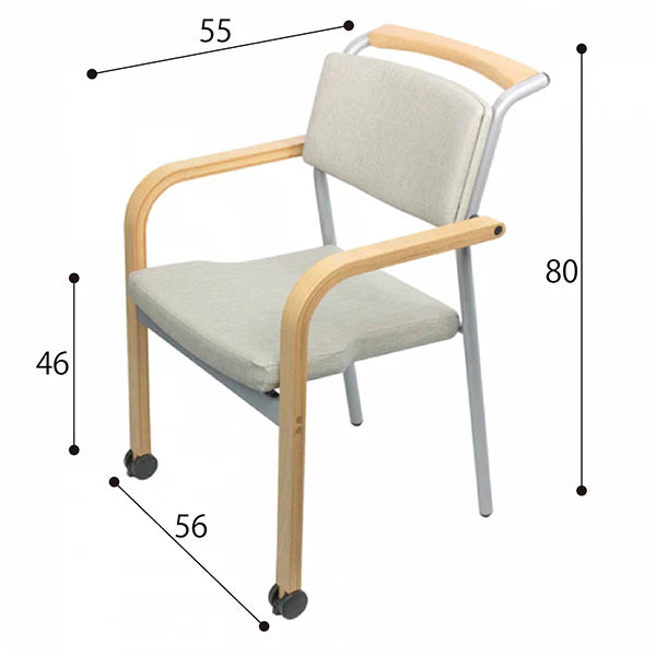 PROVOUR M Chair-01 淺灰色曲木扶手椅，具備前腳輪與實木把手，適合醫療機構的舒適移動設計。