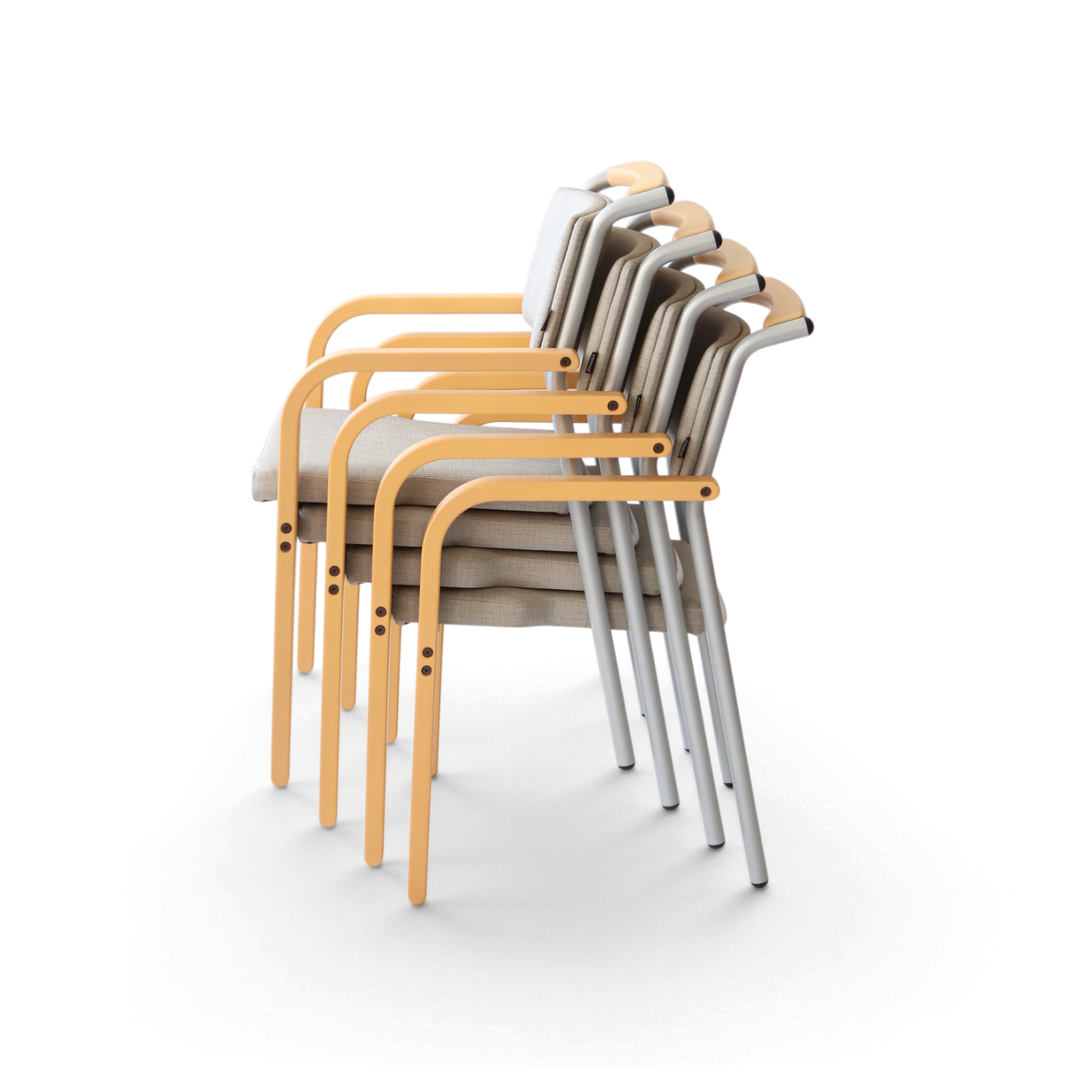 PROVOUR M Chair-01 把手款，淺灰色 PVC 軟墊搭配實木扶手與金屬椅腳，可堆疊設計，適合醫療與辦公空間。