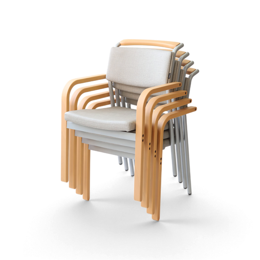 PROVOUR M Chair-01 淺灰色曲木扶手堆疊椅，適合醫療空間使用，具備實木扶手與粉體塗裝椅腳。