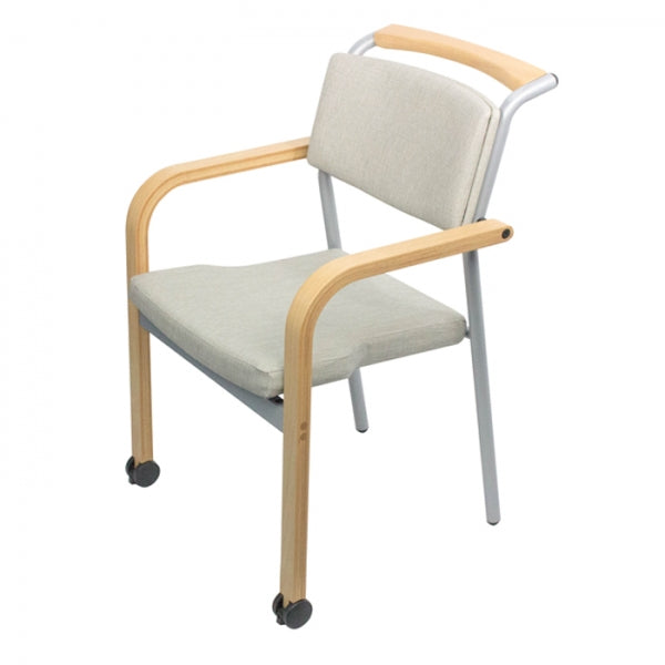 PROVOUR M Chair-01 淺灰色曲木扶手椅，具備實木把手與前腳輪設計，適合醫療與照護空間使用。