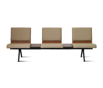 PROVOUR 台日設計家具｜木質辦公桌辦公椅 K Bench 三人座等候椅，具備仿布紋 PVC 皮革座墊與木質桌板，搭配粉體塗裝椅腳，適合商務大廳。