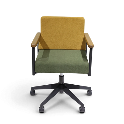 PROVOUR 台日設計家具｜木質辦公桌辦公椅 T Chair 會議椅，具備黃色椅背、綠色座墊、實木扶手及五爪活動輪腳。