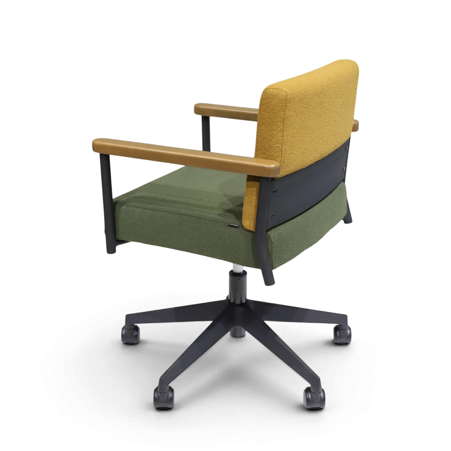 PROVOUR 台日設計家具｜木質辦公桌辦公椅 T Chair 會議椅，具備黃綠雙色布面、實木扶手與五爪滑輪椅腳