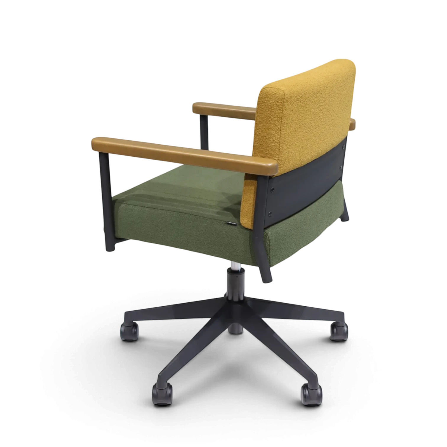 PROVOUR 台日設計家具｜木質辦公桌辦公椅 T Chair 會議椅，具備黃綠雙色布面、實木扶手與五爪滑輪椅腳