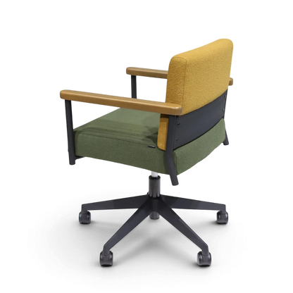 PROVOUR 台日設計家具｜木質辦公桌辦公椅 T Chair 會議椅，具備黃綠雙色布面、實木扶手與五爪滑輪椅腳