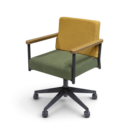 PROVOUR 台日設計家具｜木質辦公桌辦公椅 T Chair 會議椅，具備黃色椅背、綠色座墊、實木扶手及五爪滑輪椅腳