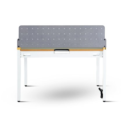 PROVOUR H Desk 60x120cm white metal desk with grey perforated privacy screen and built-in drawer.